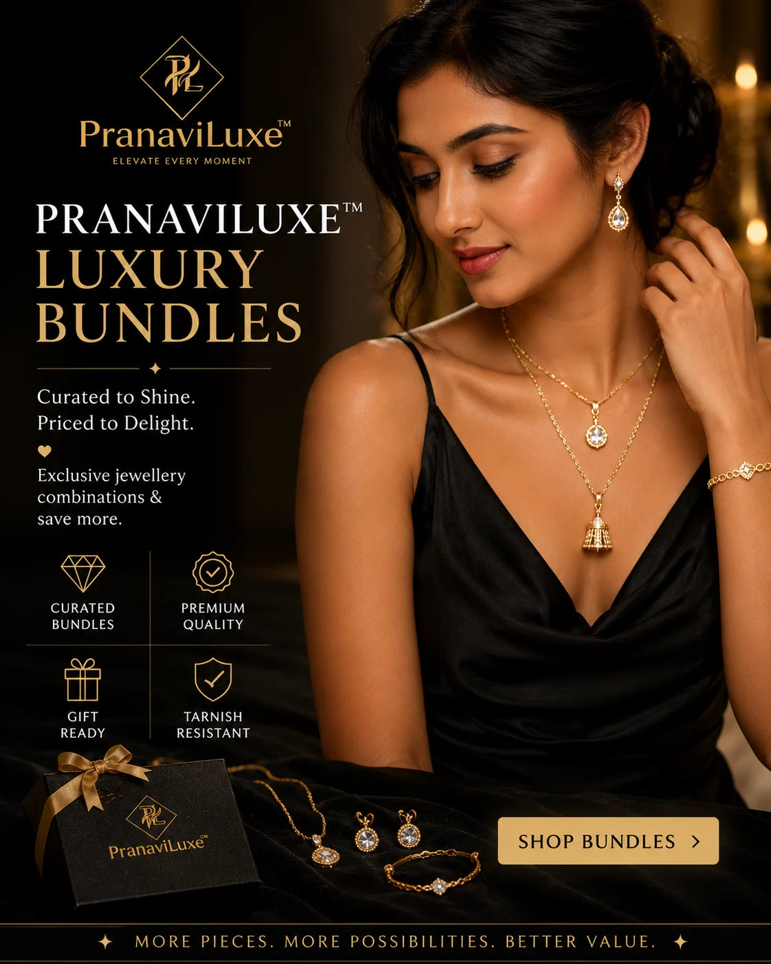 A promotional banner for PranaviLuxe Luxury Bundles featuring a woman in a black satin dress wearing gold jewelry, with additional jewelry displayed on a black box at the bottom left against a dark, softly lit background.
