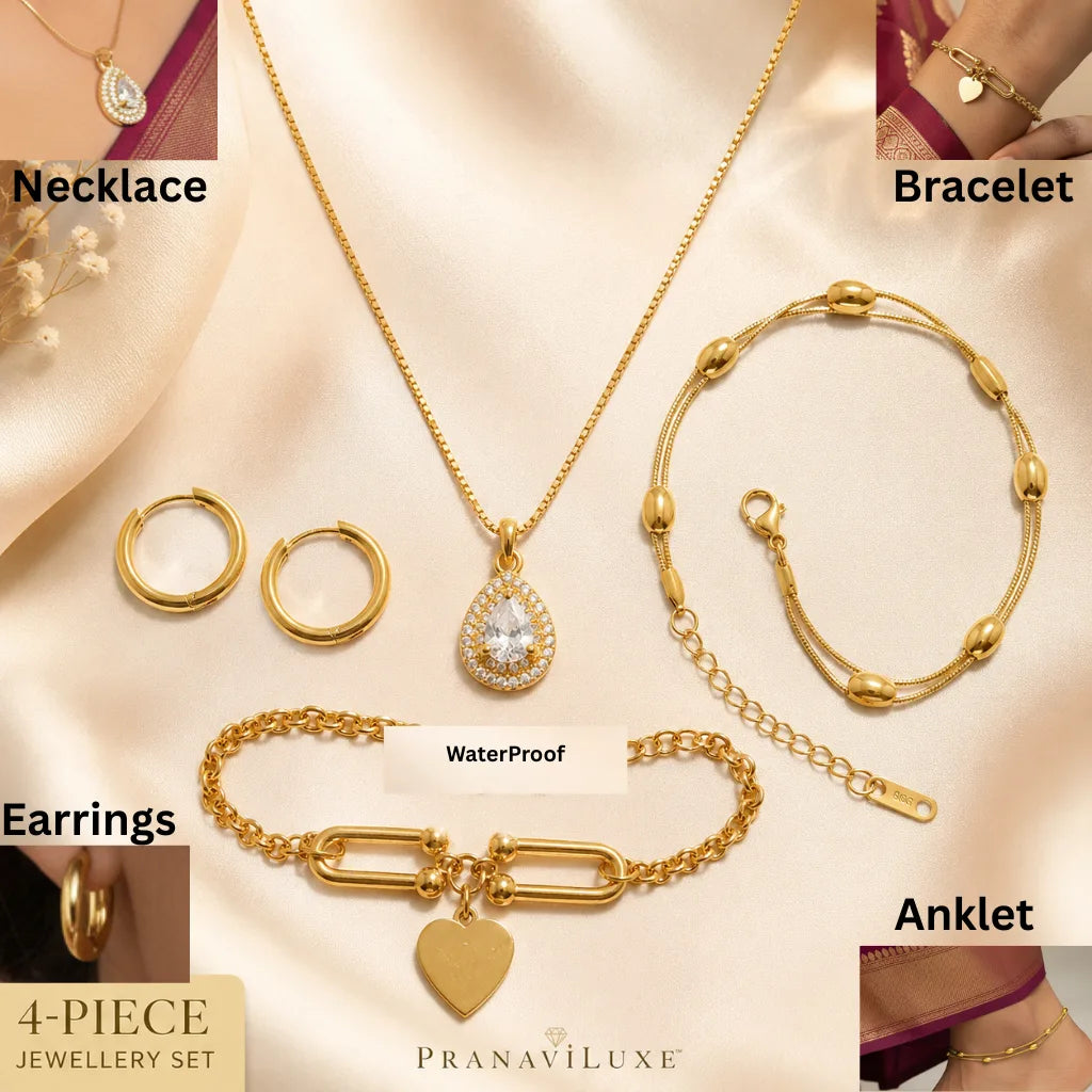 A 4-piece gold jewelry set by PranaviLuxe, including a teardrop pendant necklace, a beaded bracelet, a link bracelet with a heart charm, and a pair of hoop earrings, displayed on a beige satin background with inset images showing them worn on the neck, wrist, and ankle.