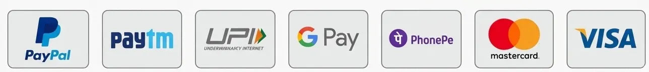 Logos of various payment methods including PayPal, Paytm, UPI, Google Pay, PhonePe, Mastercard, and Visa on a white background.