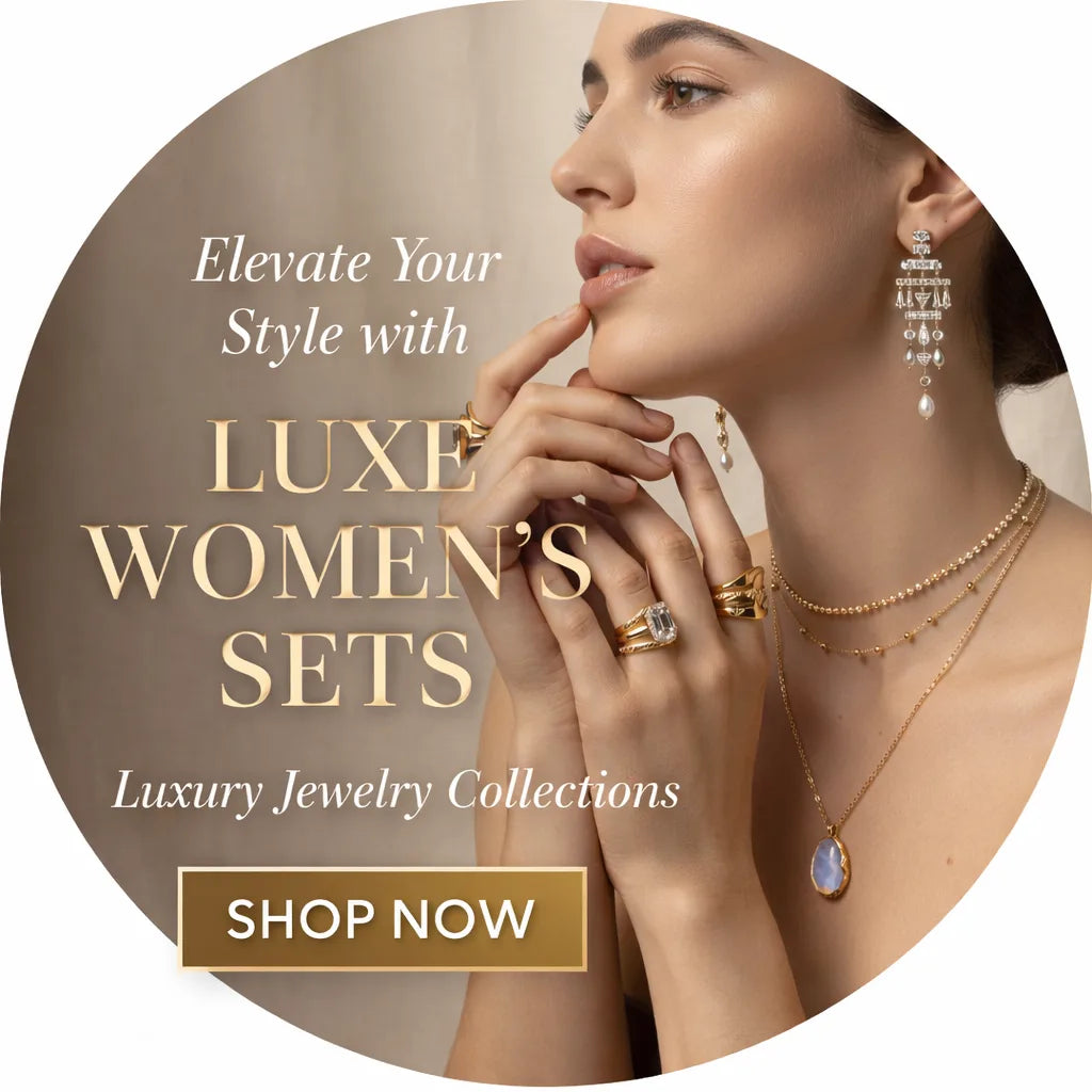 Advertisement for luxe women's jewelry sets with a model wearing gold jewelry.
