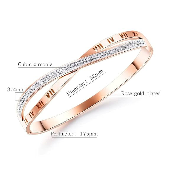 Rose gold double bangle bracelet with cubic zirconia stones, featuring dimension and weight labels on a white background.