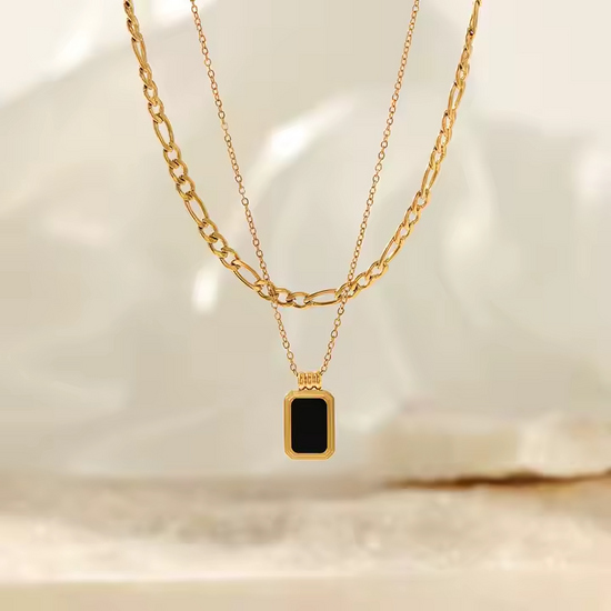 Square Pendant Stainless Steel Cuban Chain Necklace featuring a sleek black rectangular pendant on a delicate chain paired with a bold Cuban chain, perfect for modern fashion jewelry.