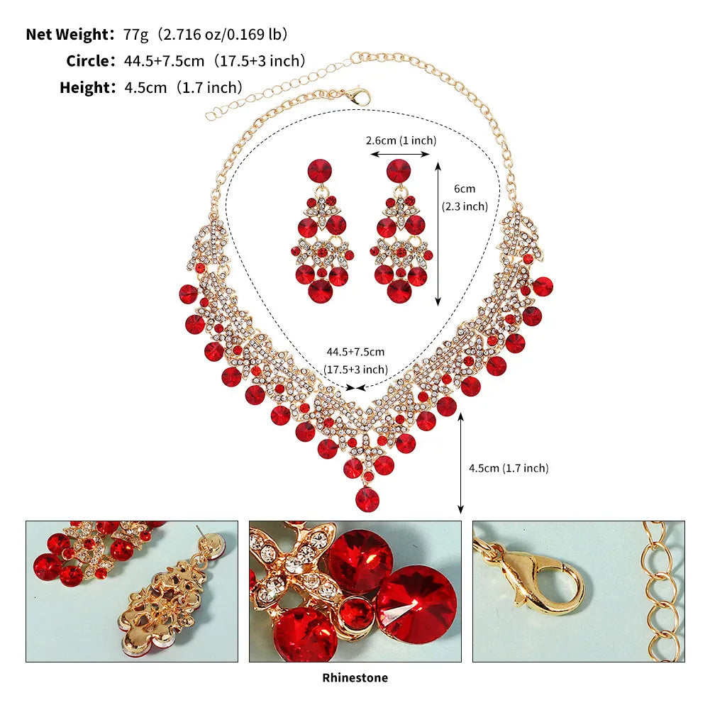 Jewelry set with red stones and gold accents, including necklace and earrings, with measurements on a white background.