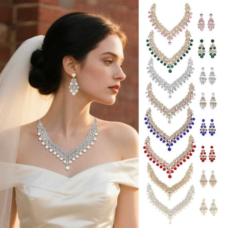 Woman wearing a necklace and earrings with a brick wall background, alongside a display of various jewelry pieces.