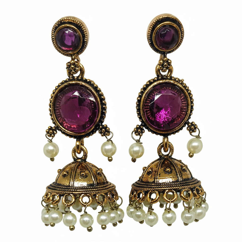 Antique Gold Purple Amethyst Three-Tier Pearl Jhumka Earrings - White Background