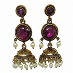 Antique Gold Purple Amethyst Three-Tier Pearl Jhumka Earrings - White Background