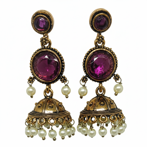 Antique Gold Purple Amethyst Three-Tier Pearl Jhumka Earrings - White Background