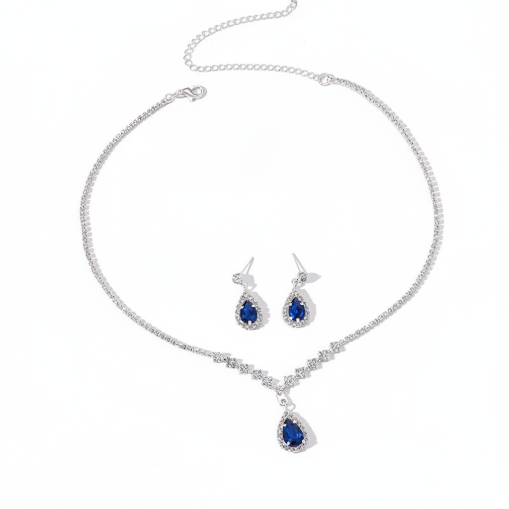 Blue Sapphire Teardrop Jewelry Set - White Background