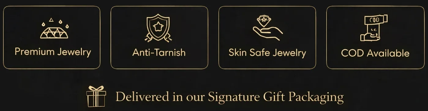 Set of icons and text on a black background, highlighting features of jewelry products.