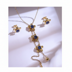 Gold Blue Sapphire Flower Lariat Necklace & Earrings Set - White Background