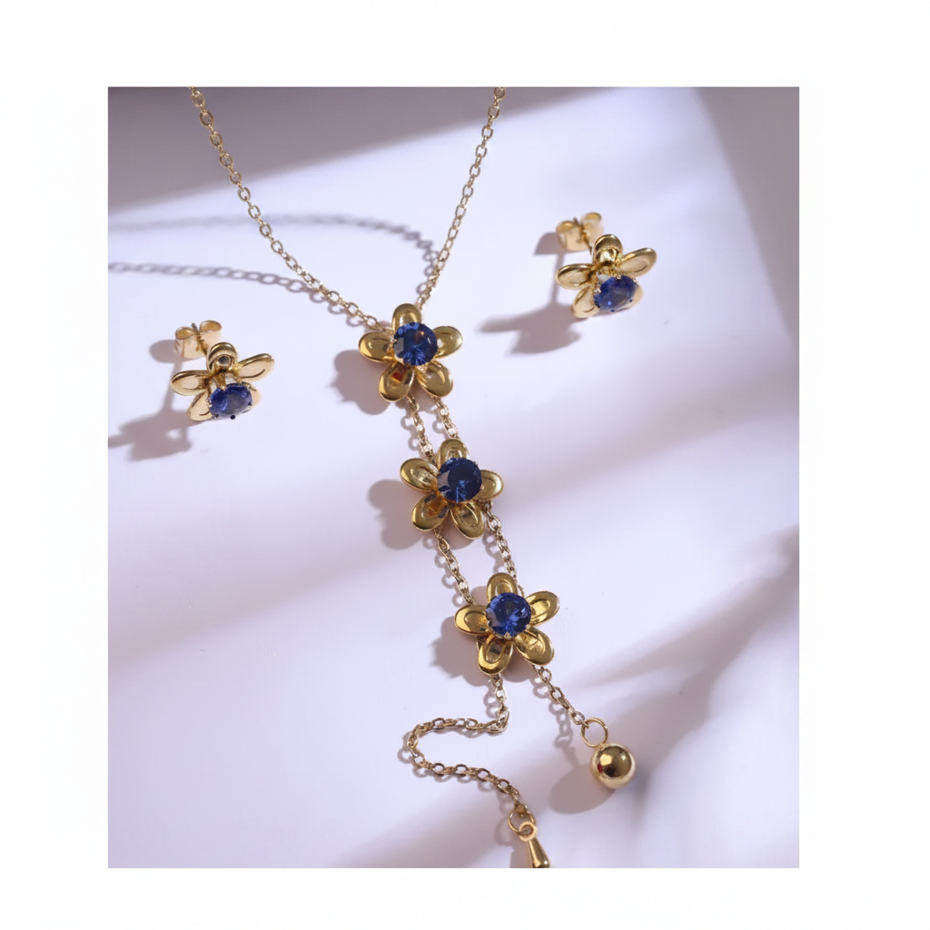 Gold Blue Sapphire Flower Lariat Necklace & Earrings Set - White Background