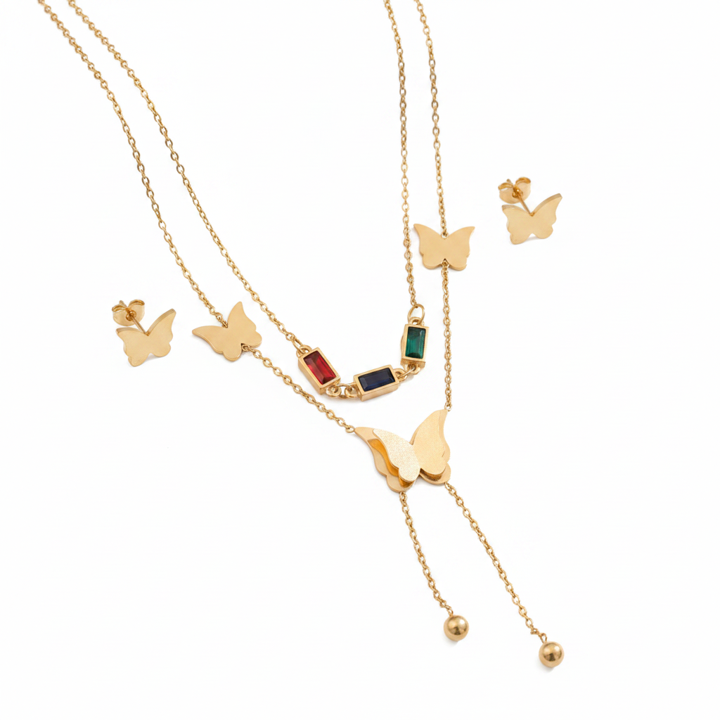 Gold Butterfly Layered Necklace Set - White Background