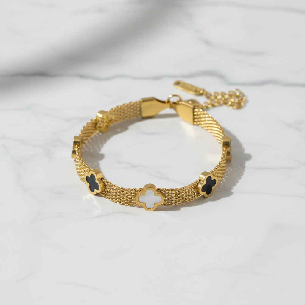 Gold Clover Mesh Bracelet — White Marble Editorial