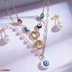 Gold Colorful Evil Eye Pearl Layered Necklace & Pearl Stud Earrings Set - White Background