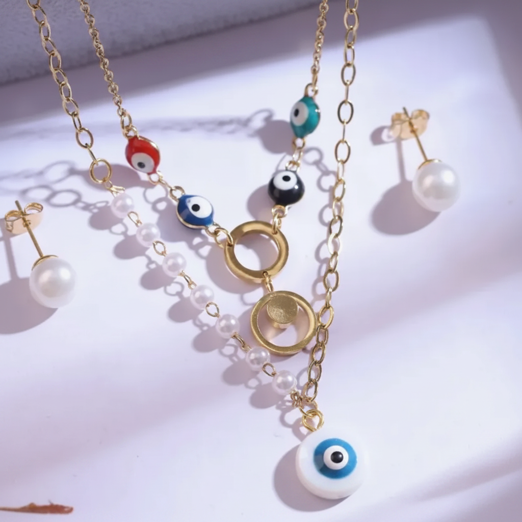 Gold Colorful Evil Eye Pearl Layered Necklace & Pearl Stud Earrings Set - White Background