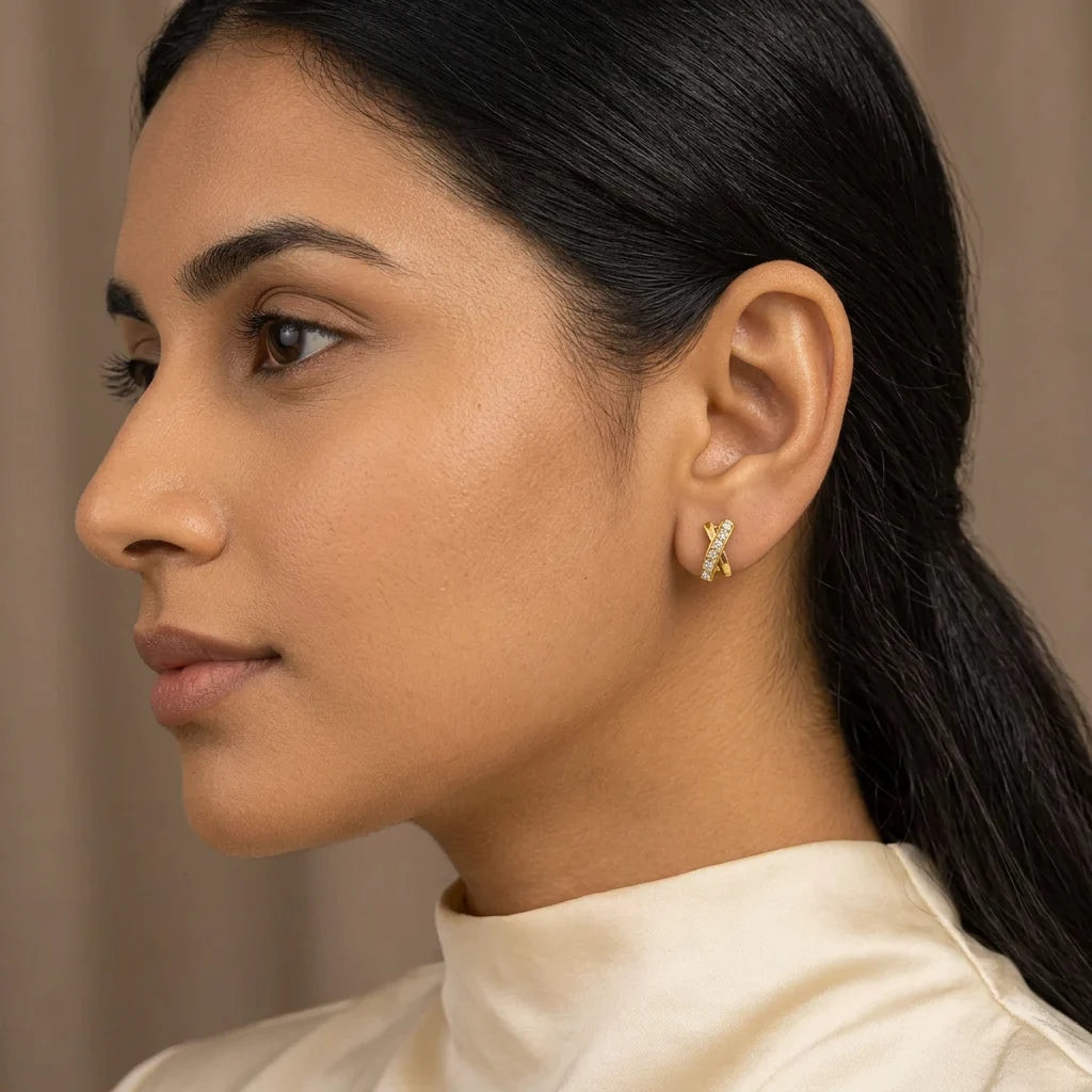 Criss-Cross Pave Crystal Gold Stud Earrings
