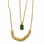 Gold Double Layer Hex Cube Bead & Emerald Pendant Necklace Set - White Background