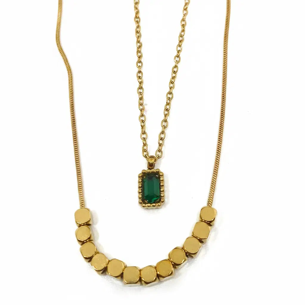 Gold Double Layer Hex Cube Bead & Emerald Pendant Necklace Set - White Background