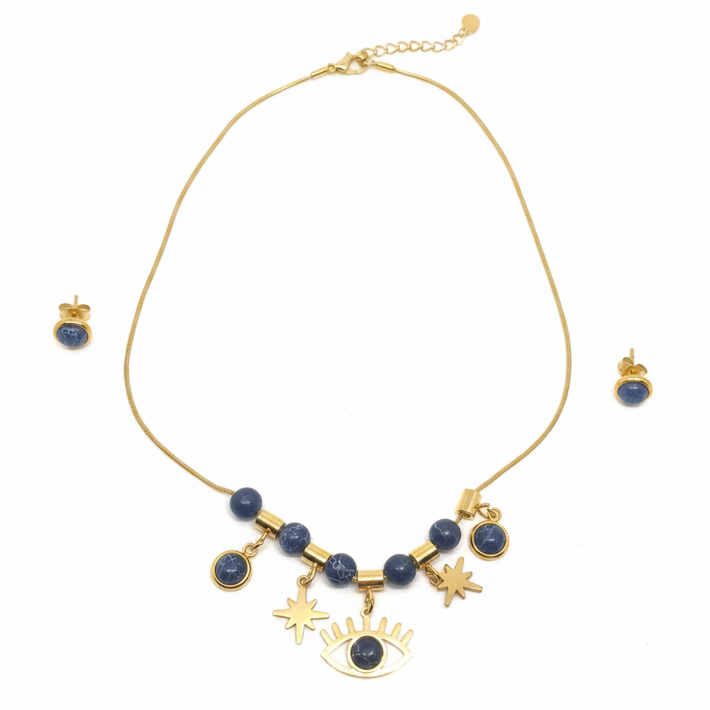 Gold Evil Eye Necklace & Earrings Set - White Background