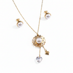 Gold Floral Pearl Pendant Necklace & Earrings Set - White Background