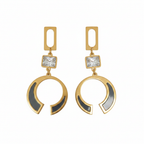 Gold Geometric Crystal Crescent Drop Earrings - White Background