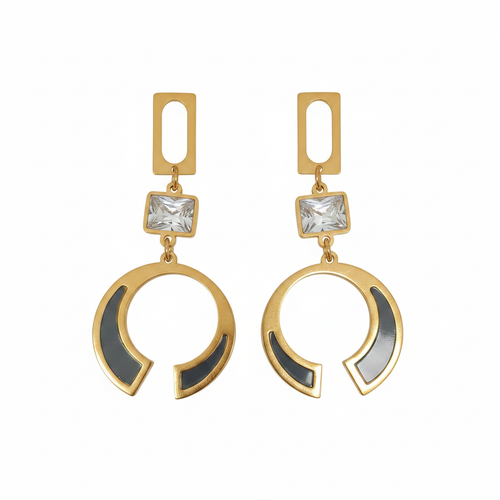 Gold Geometric Crystal Crescent Drop Earrings - White Background