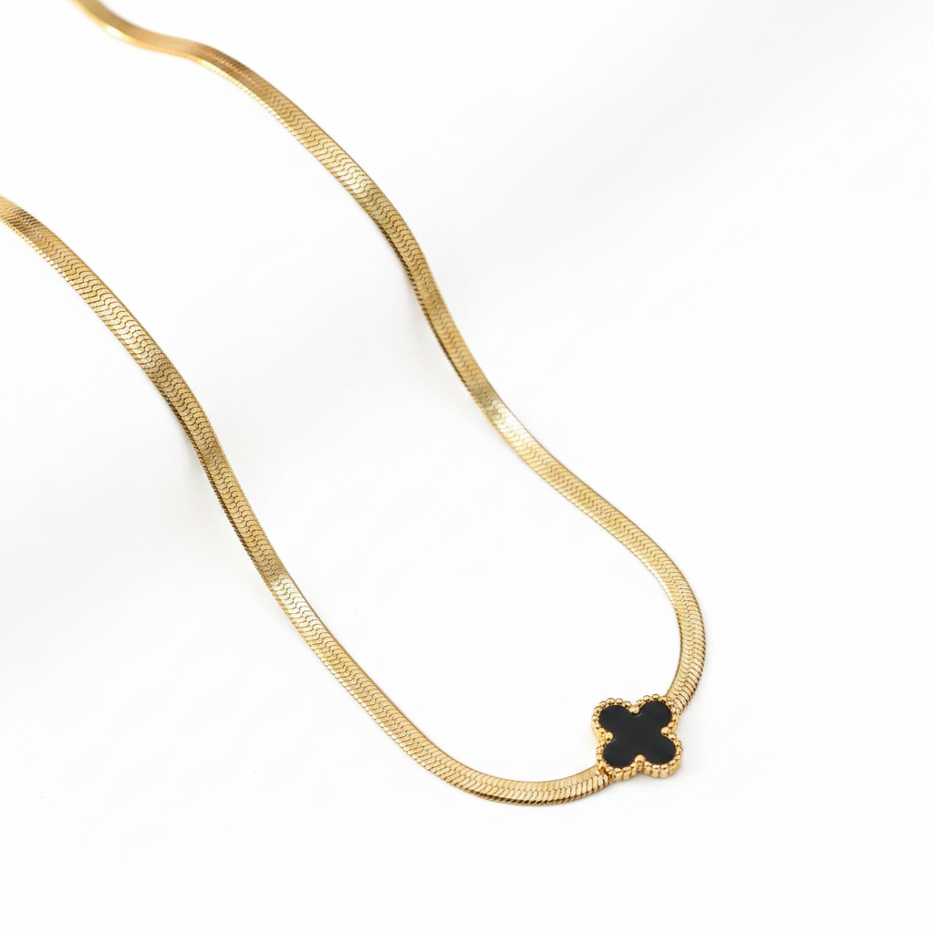 Gold Herringbone Black Clover Necklace - White Background