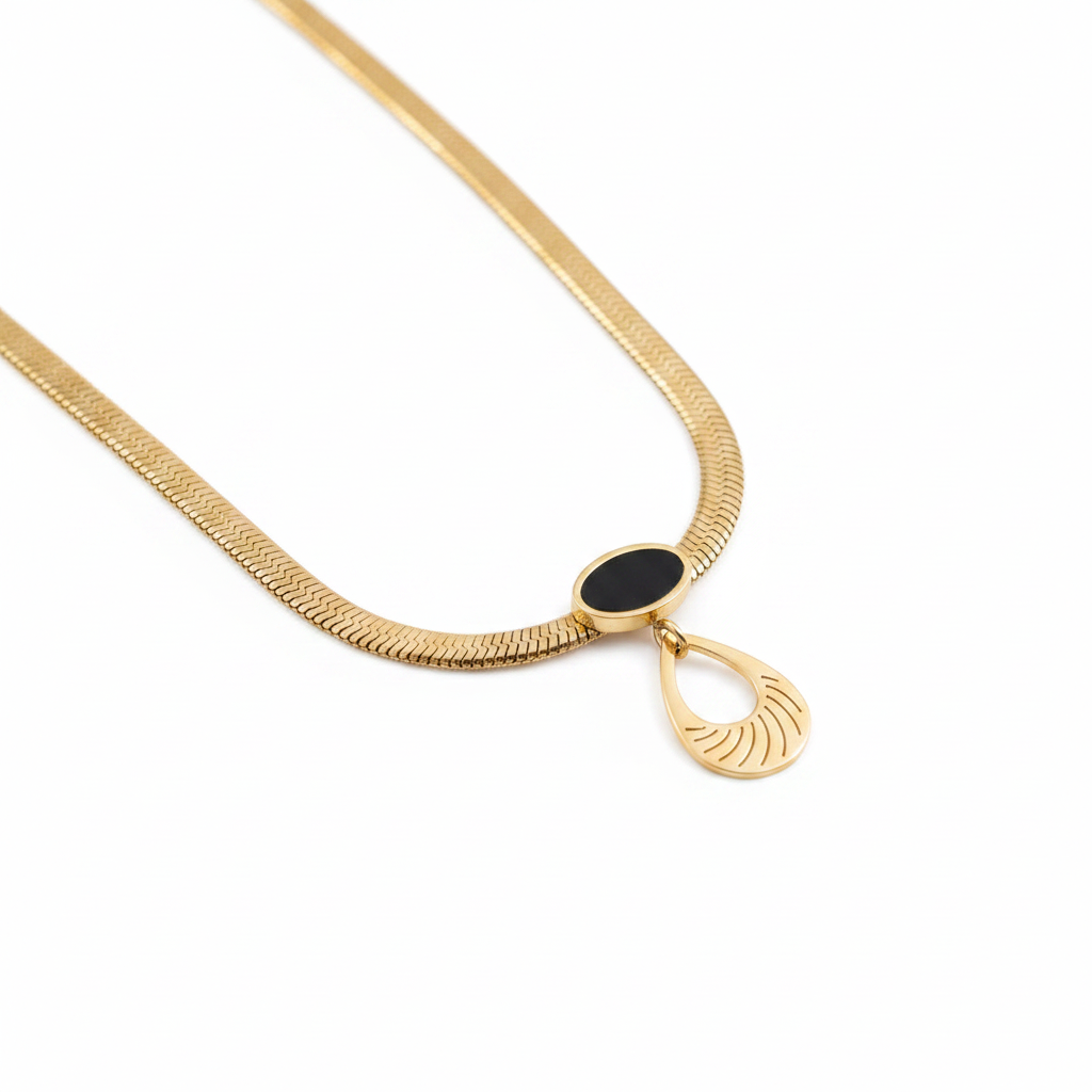 Gold Herringbone Black Oval Teardrop Pendant Necklace - White Background
