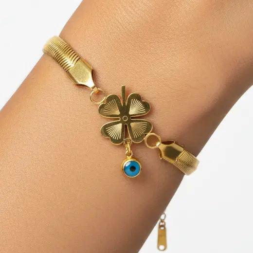 Gold Herringbone Clover & Evil Eye Bracelet - Indian Model