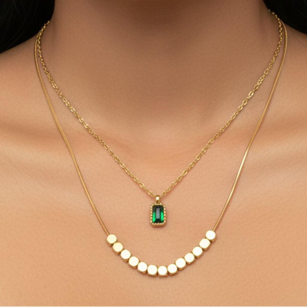 Gold Layered Emerald Necklace Set - Indian Model
