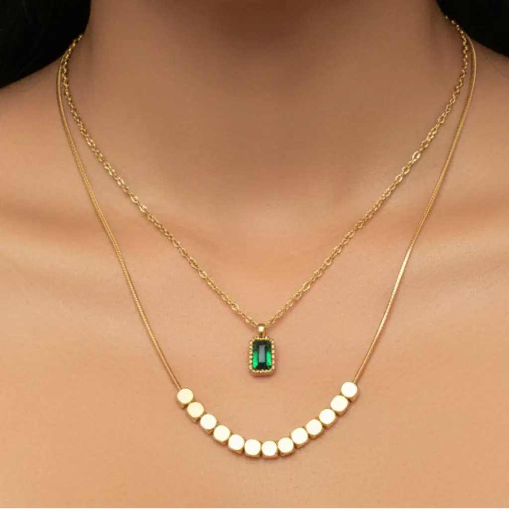 Gold Layered Emerald Necklace Set - Indian Model