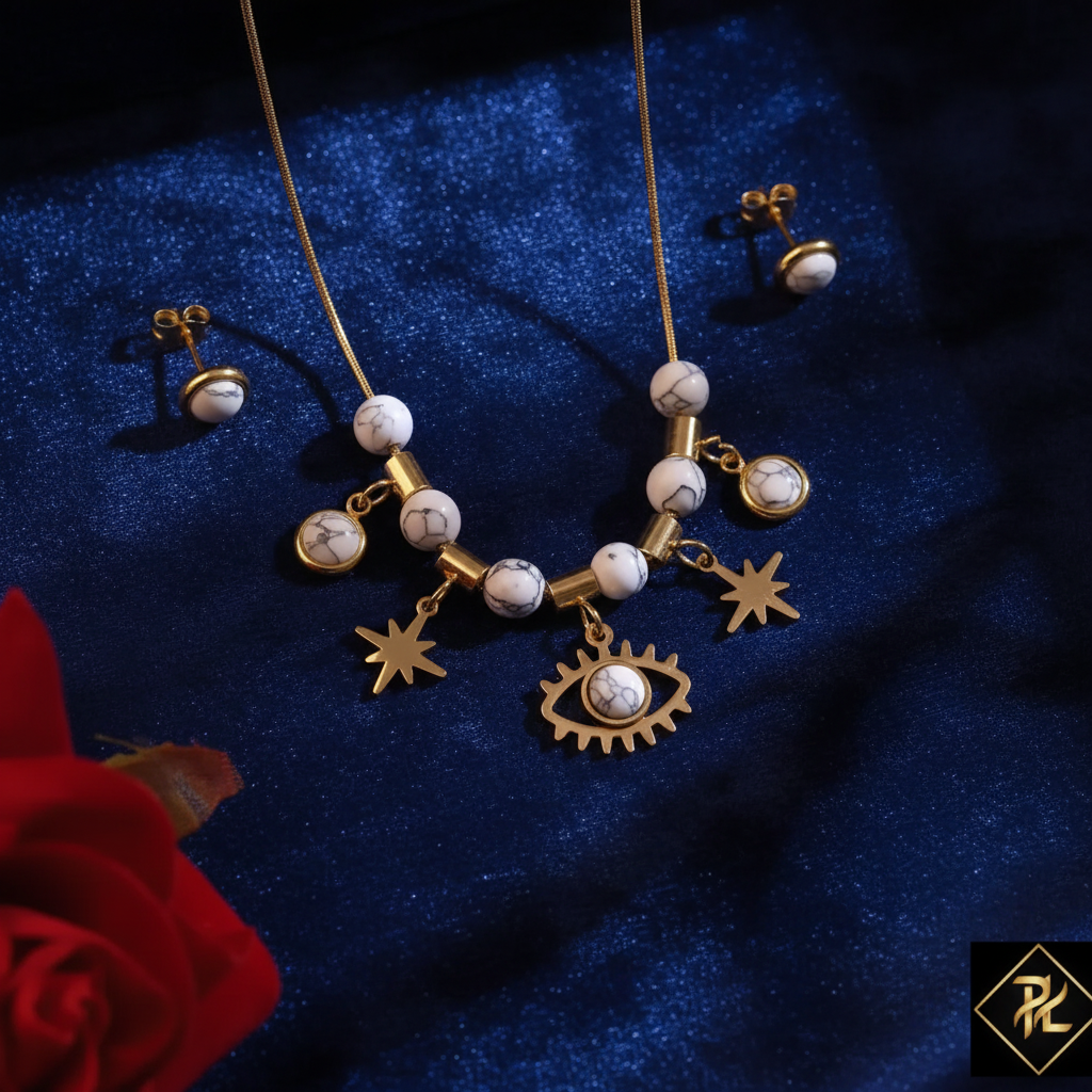 Gold Marble Charm Necklace Set on Dark Velvet