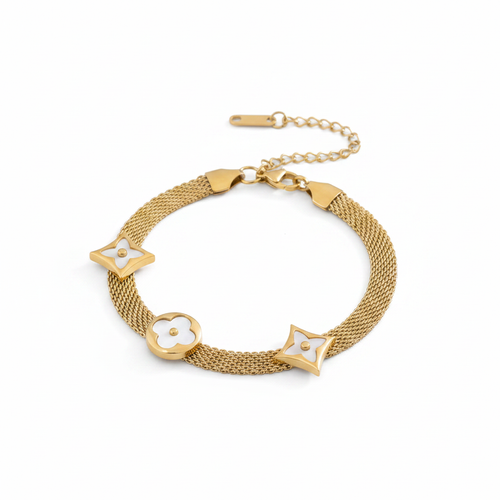 Gold Mesh Bracelet with White MOP Floral Charms - White Background