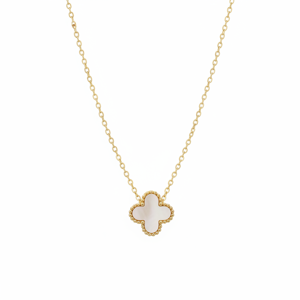 Gold Mother of Pearl Clover Pendant Necklace - White Background
