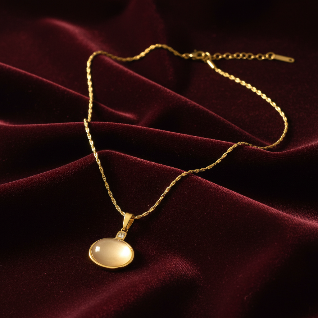 Gold Oval Cabochon Pendant Necklace on Dark Velvet