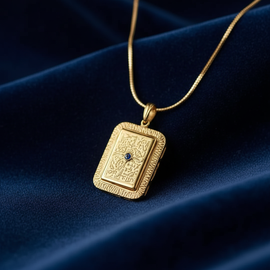 Gold Rectangular Filigree Pendant Necklace on Dark Velvet