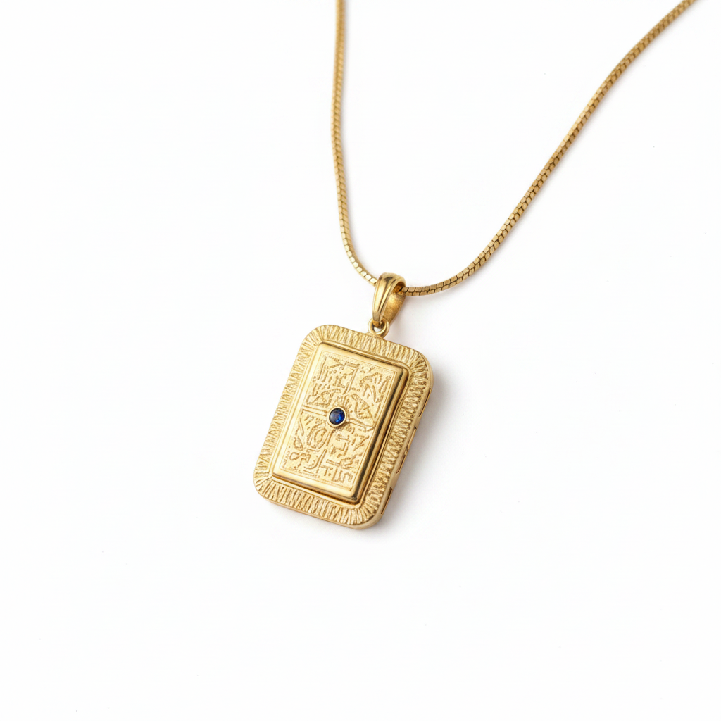 Gold Rectangular Filigree Pendant Necklace - White Background