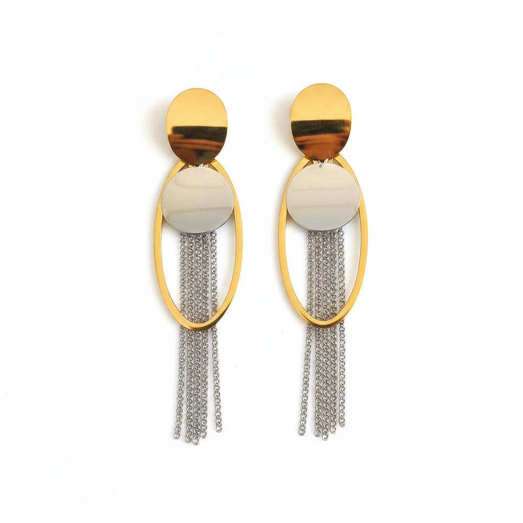 Gold Silver Two-Tone Oval Chain Tassel Earrings - White Background