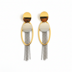 Gold Silver Two-Tone Oval Chain Tassel Earrings - White Background
