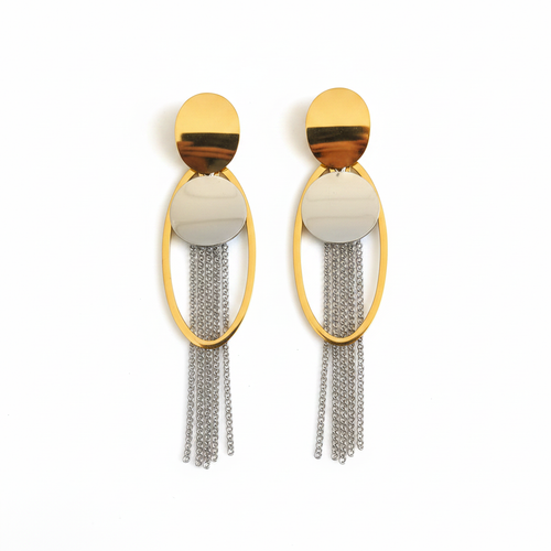 Gold Silver Two-Tone Oval Chain Tassel Earrings - White Background