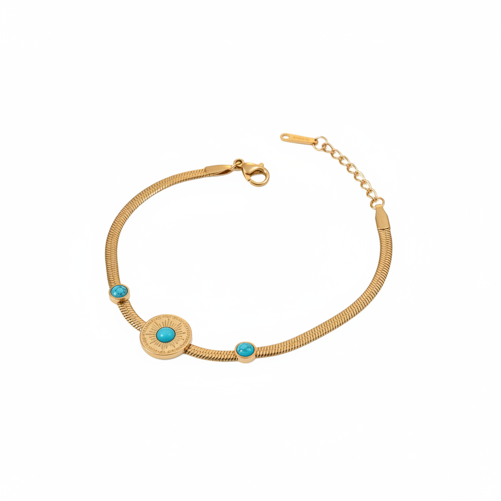 Gold Turquoise Sunburst Herringbone Bracelet - White Background