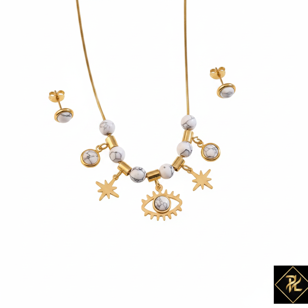 Gold White Marble Evil Eye Necklace Set - White Background