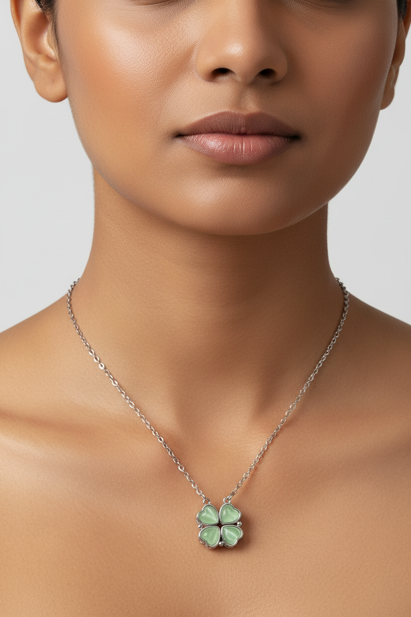 Green Clover Necklace - Indian Model Close-up
