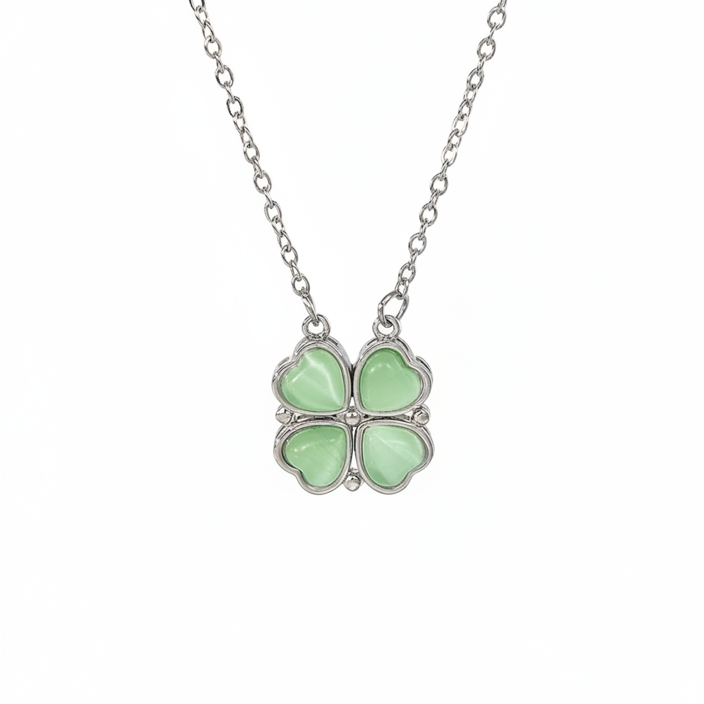 Green Opal Four-Leaf Clover Necklace - White Background