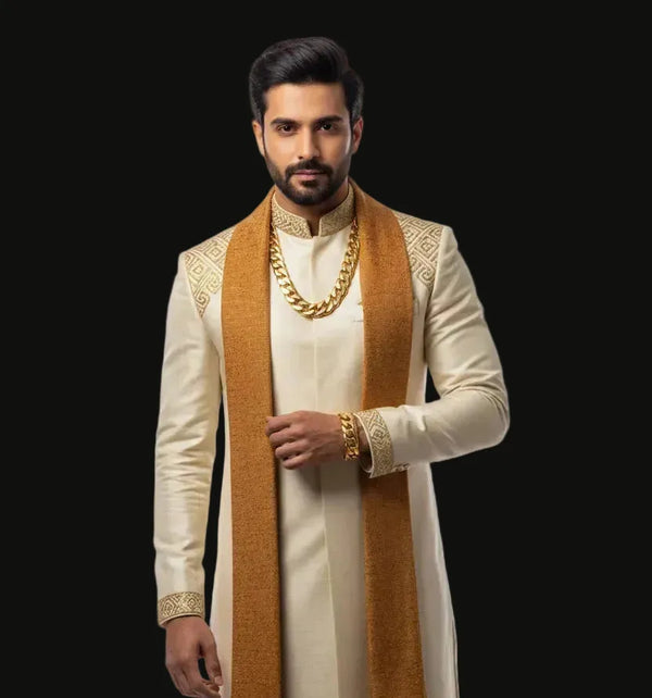 A man modeling a traditional Indian outfit featuring a cream-colored kurta, a beige sherwani jacket with gold embroidery, a mustard-gold textured scarf, black trousers, and gold jewelry, set against a plain white studio background. PranaviLuxe