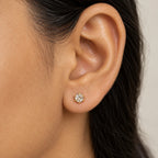 A close-up of a person's ear wearing a small round stud earring with a yellow gold setting and a clear gemstone.