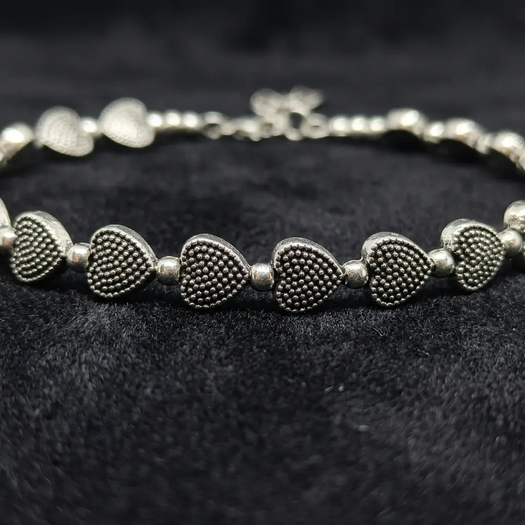 Antique Silver Heart Charm Layered Anklets Pack