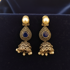 Oxidized Silver Blue Stone Jhumka Earrings on Dark Velvet