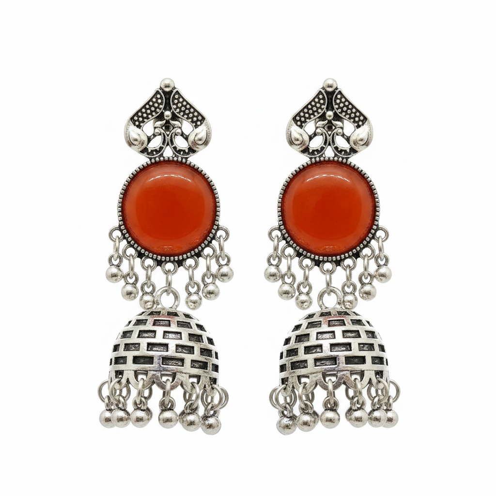 Oxidized Silver Carnelian Lattice Jhumka Earrings - White Background
