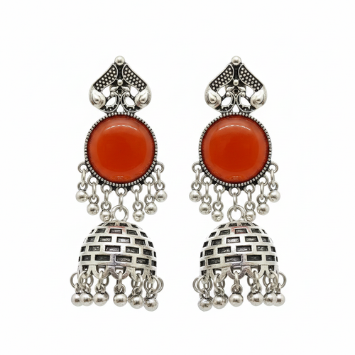 Oxidized Silver Carnelian Lattice Jhumka Earrings - White Background